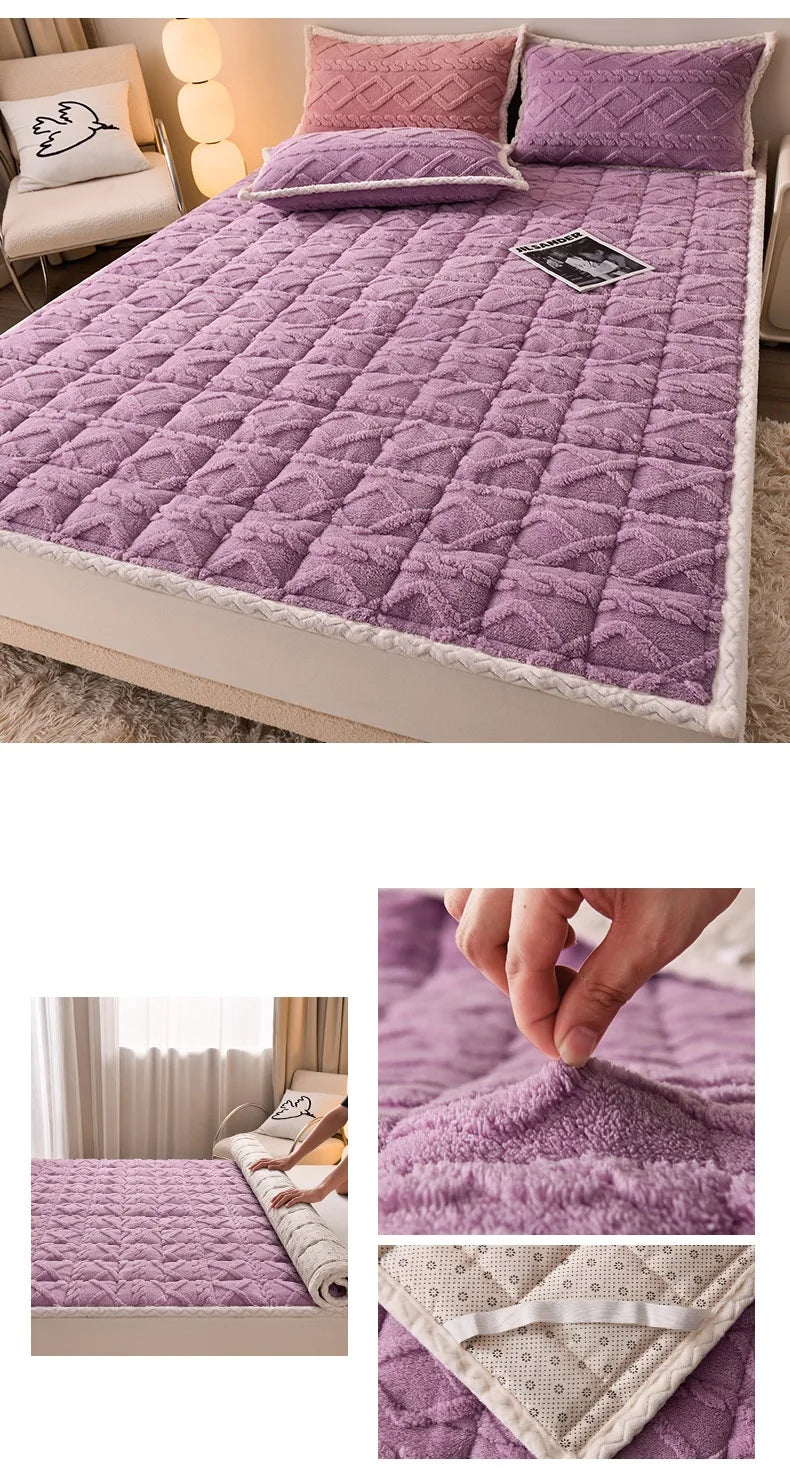 Winter Topper Mattress Quilted Bed Mattresses Soft Velvet Bedspread Home Bed Mat Cover Warm Topper Cover 매트리스 바닥용(No Pillowcase)