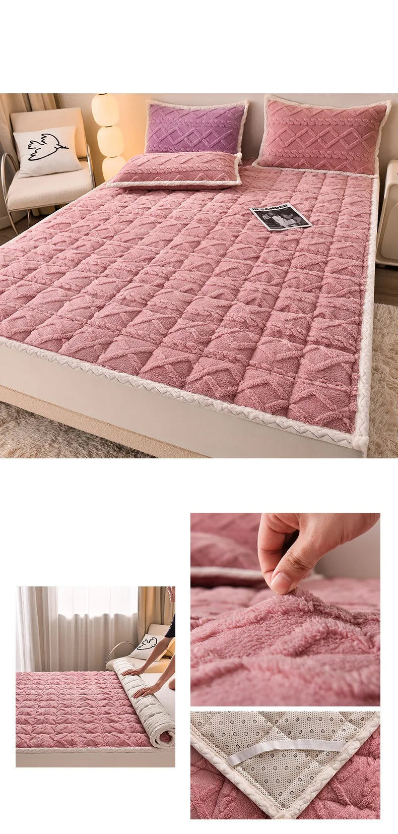 Winter Topper Mattress Quilted Bed Mattresses Soft Velvet Bedspread Home Bed Mat Cover Warm Topper Cover 매트리스 바닥용(No Pillowcase)