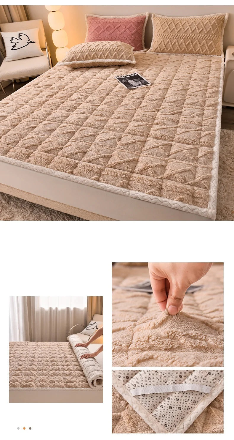 Winter Topper Mattress Quilted Bed Mattresses Soft Velvet Bedspread Home Bed Mat Cover Warm Topper Cover 매트리스 바닥용(No Pillowcase)