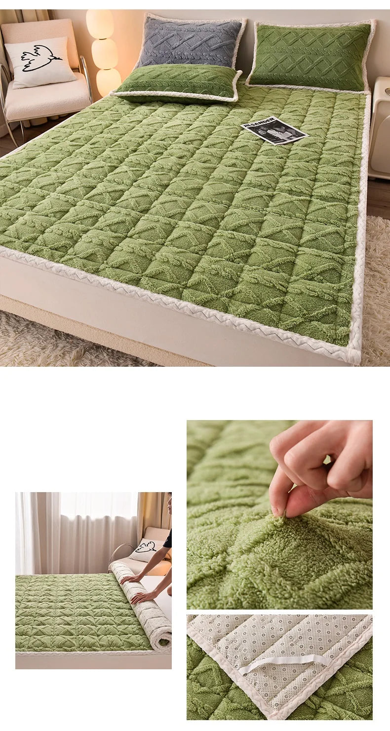 Winter Topper Mattress Quilted Bed Mattresses Soft Velvet Bedspread Home Bed Mat Cover Warm Topper Cover 매트리스 바닥용(No Pillowcase)