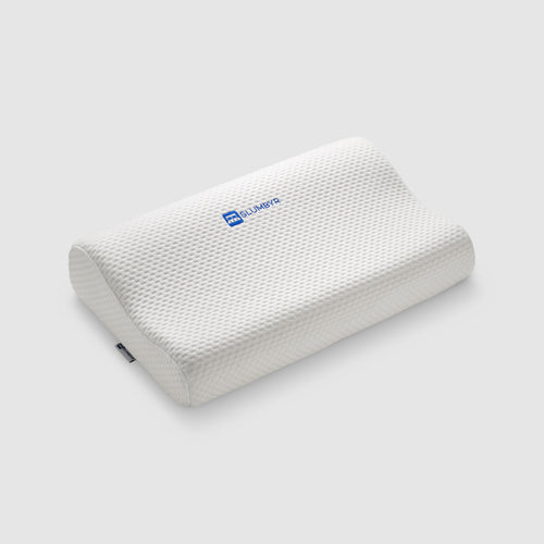 Slumbyr Cool contour memory foam cooling pillow with breathable knit cover
Image alt text (gel detail): Honeycomb cooling gel layer on the underside of the Slumbyr Cool pillow